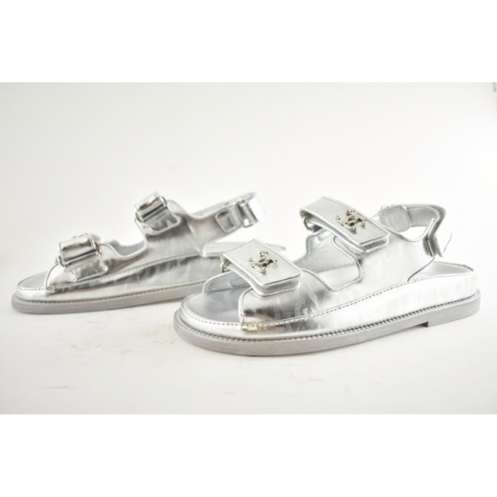 Chanel 22C Silver Laminated Star CC Logo Mule Slide Strap Flat Dad Sandal 35.5 - Picture 7 of 12